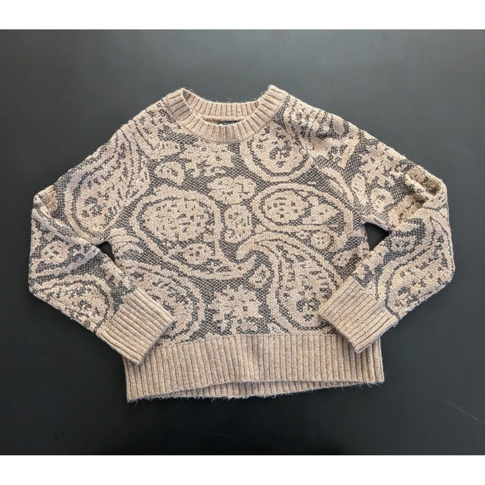 Tahari Womens Tan Grey Paisley Jacquard Knit Crewneck Pullover Sweater Size S